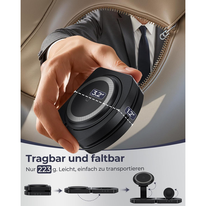 Бездротова зарядка Induktive для iPhone 17 Air/16/15/14/13/12, 3-в-1 з підтримкою MagSafe, Apple Watch та AirPods, чорний матовий