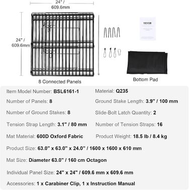 VEVOR 8-Panel Foldable Dog Playpen with Waterproof Cover & Mat - 61cm High