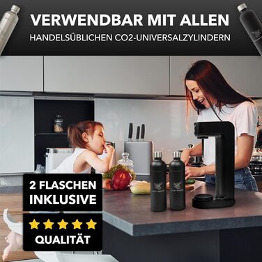 Газова машина Infinity з 2 пляшками по 1,25 л з нержавіючої сталі - економія до 25% CO2 завдяки автоматичній зупинці, пляшки придатні для миття в посудомийній машині та без терміну придатності. Чорний колір.