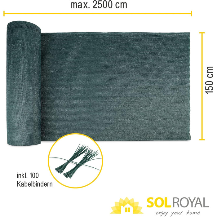 Sol Royal Shade Net 25m x 1.5m Shading Fabric 165g/m² – Dense sun protection with UV protection & cable ties for easy attachment – HDPE privacy screen green for greenhouse & fence SG80