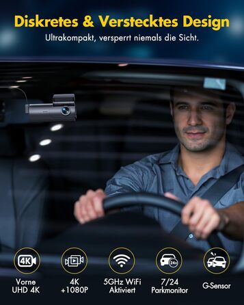 Відеореєстратор GKU Dashcam Auto: 4K+1080P, WiFi 2.4/5GHz, SD 64GB, Паркувальний режим, Нічне бачення, WDR, 170° Кут огляду, G-сенсор, Циклічна запис, Керування через APP, Чорний