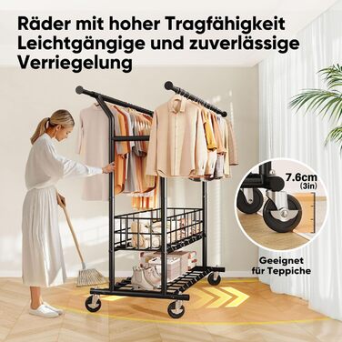 Підставка для одягу HOKEEPER на коліщатках, важка, з подвійною перекладиною, до 283 кг, D004K