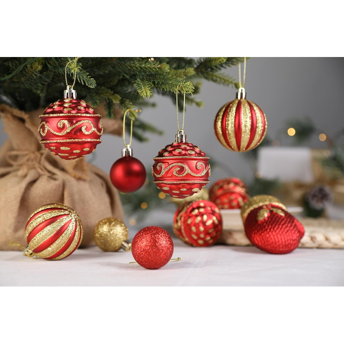 Набір прикрас на ялинку Alupssuc 80 шт. - ялинкові кулі різних форм, з гачками, для святкування Різдва, вечірок та весіль, колір шампань-золото (червоний & золотий)