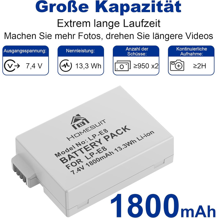Акумулятор LP-E8 1800mAh та LED зарядний пристрій для Canon EOS Rebel T2i T3i T4i T5i EOS 550D 600D 650D 700D Kiss X4 X5 X6 X6i X7i (2 шт. акумулятори + 1 зарядний пристрій)