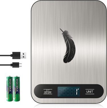 Кухонні ваги цифрові, USB-C, 15 кг, точність 1 г, срібні (з батарейками AAA)