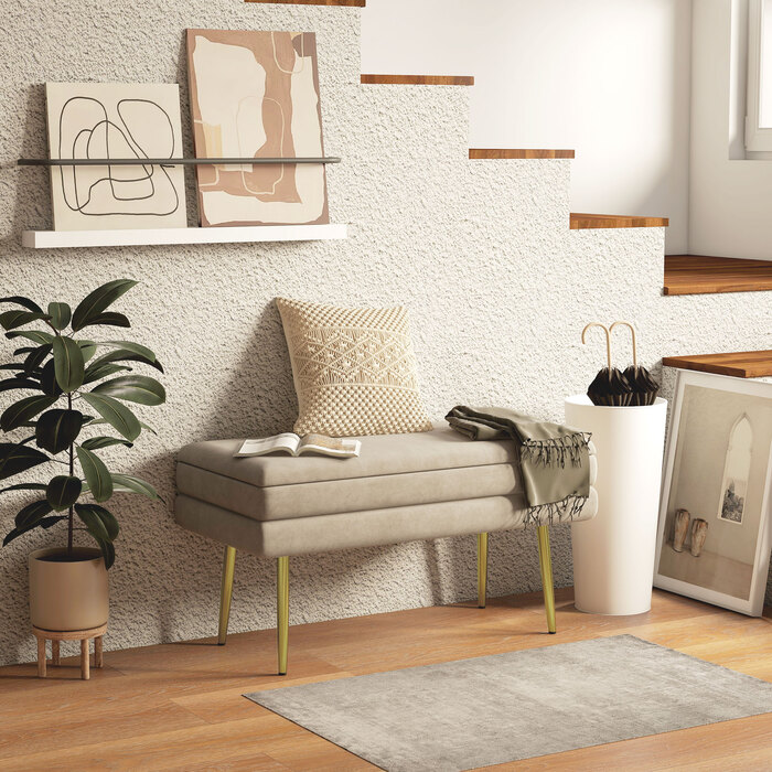 HOMCOM Bench, Upholstered Bench with Storage, Velvet-Look, Bed Bench with Steel Legs, Shoe Bench, Storage Bench for Living Room, Bedroom, Beige, 79.5 x 37.5 x 43 cm | Aosom