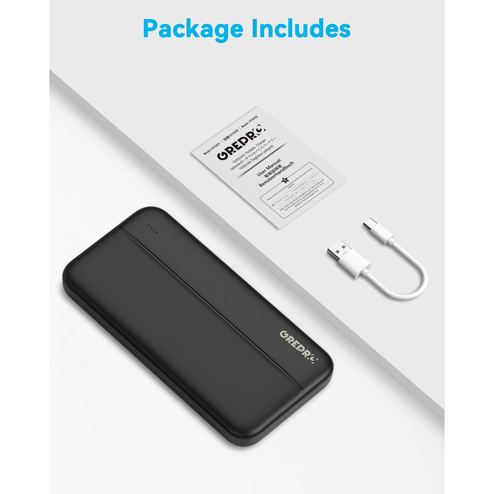 Power Bank GREPRO 10000mAh: компактний зарядний пристрій з USB-C та 2 USB виходами, чорний