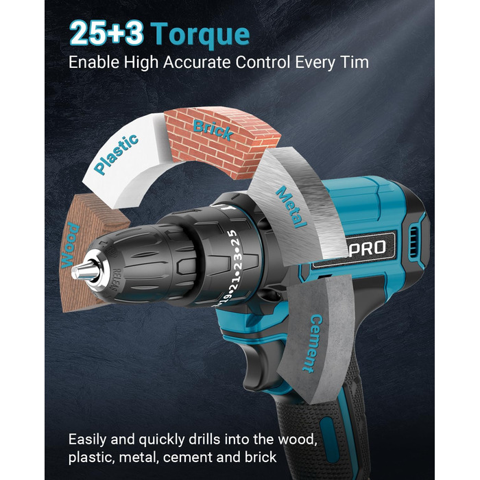 Акумуляторний шуруповерт MHPRO 21V з 2 акумуляторами 2.0Ah, 42Nm, 25+3 ступені крутного моменту, LED, 10мм патрон, 14-ти частинний набір для дому та саду