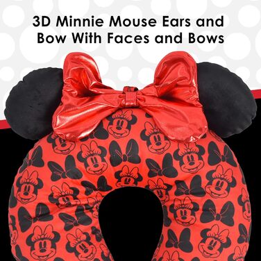 Подушка для шиї Disney Minnie Mouse з 3D-вушками та бантиком для подорожей (літак, авто, офіс), червоно-чорна, One Size
