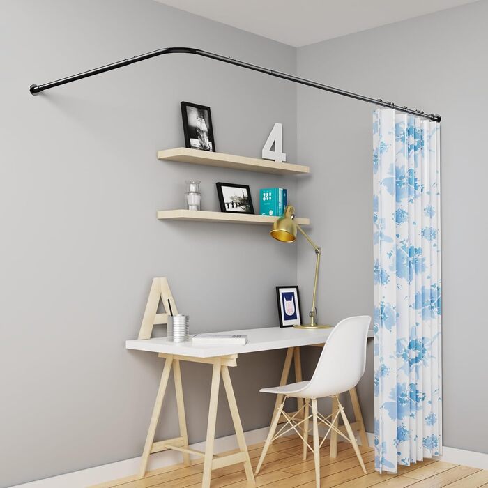 Кутова штанга для душу L-Form, регульована 68–96 см × 68–96 см, нержавіюча сталь, водонепроникна та стійка до іржі, 90 градусів, з 12 кільцями, комплект гвинтів (104-132x104-132 см, Чорний)