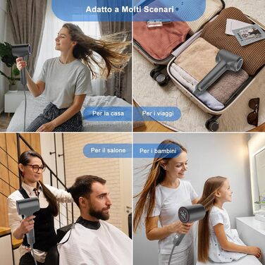 Фен для волосся з плазмою та безщітковим мотором 110 000 об/хв – швидке сушіння, тиха робота, з магнітною насадкою, для дому та подорожей (темно-сірий)