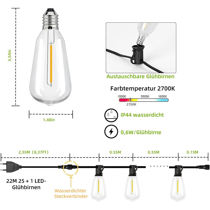 Ланцюжок вогнів AzureStar для зовнішнього використання, 15м, LED, ST38, IP44, 2700K (22м)