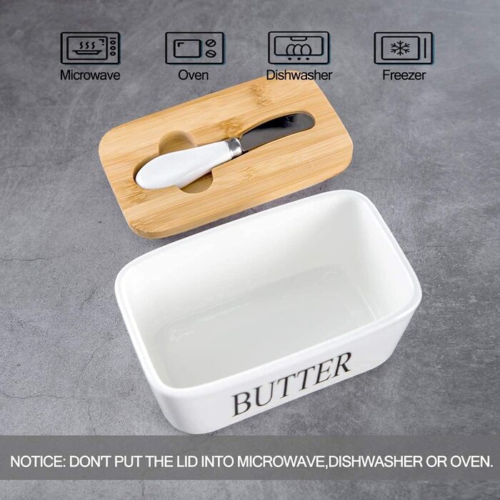 Butter dish with lid and knife, 650 ml, large ceramic butter dish, double silicone seals, butter dish for storing homemade butter, nuts and cheese