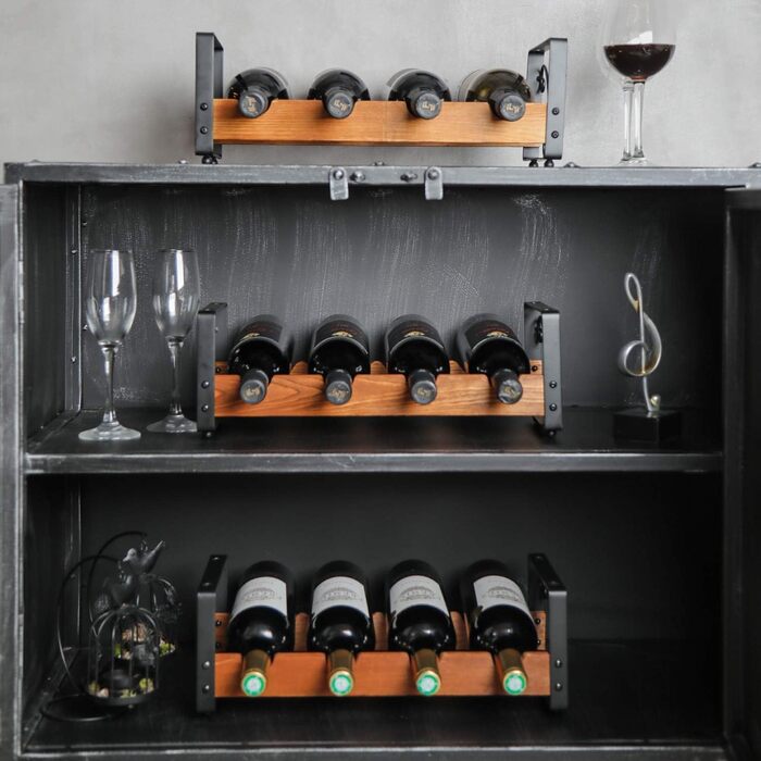 Rustic 3-Tier Stackable Wine Rack Freestanding 12 Bottle Organizer Holder Stand Countertop Liquor Storage Shelf Solid Wood & Iron 16.5