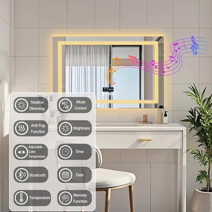 Дзеркало для ванної кімнати LUVODI з підсвічуванням: 100x70 см, годинник, температура, дата, антизапар, регулювання яскравості, 3 кольори світла, функція пам'яті, LED, водонепроникне, Bluetooth