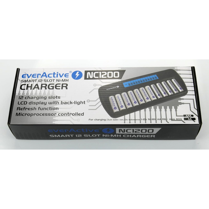 Зарядний пристрій everActive для 12 акумуляторів AAA/AA, швидка зарядка (4 години), LCD дисплей, режим оновлення, адаптер для автомобіля, модель NC-1200