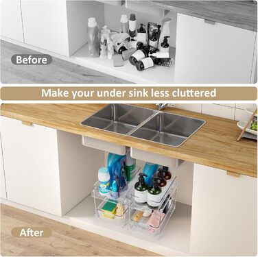 Cinnani 2 Pack 2-Tier Under Sink Shelf, Kitchen Cabinet, Refrigerator, Under Cabinet Organizer, Multifunctional Acrylic with Sliding Drawer Kitchen Shelf for Food Storage Containers, Spice Rack, Cosmetics