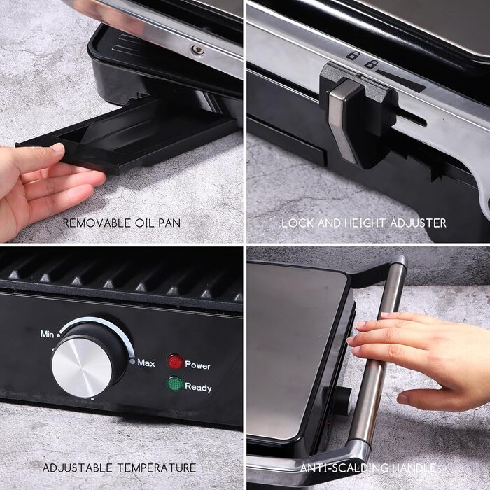 Aigostar Samson 30KLU- XXL Contact Grill, Panini Grill, Sandwich Maker, 2000 Watt, non-stick stainless steel coating, 180-degree hinge, temperature control, SINGLE PACKAGING.