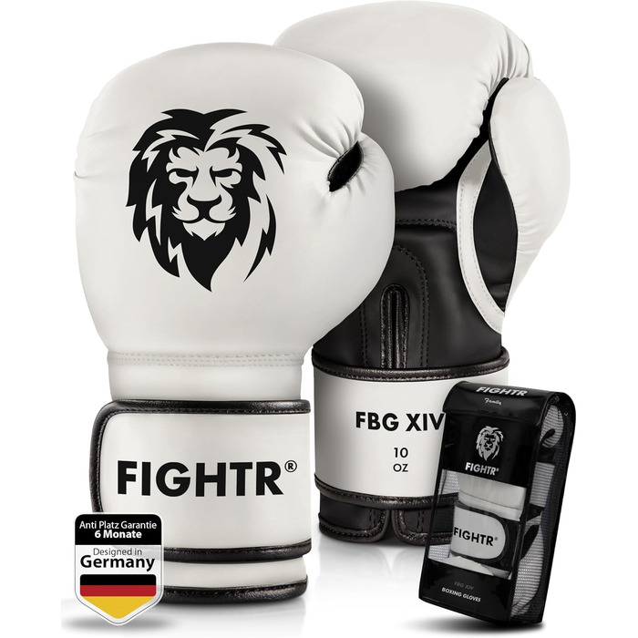 Боксерські рукавички FIGHTR®: Максимальний захист та стабільність | Для боксу, MMA, муай-тай та кікбоксингу | Розміри 8-16 oz, з чохлом (14 oz, білий/чорний)
