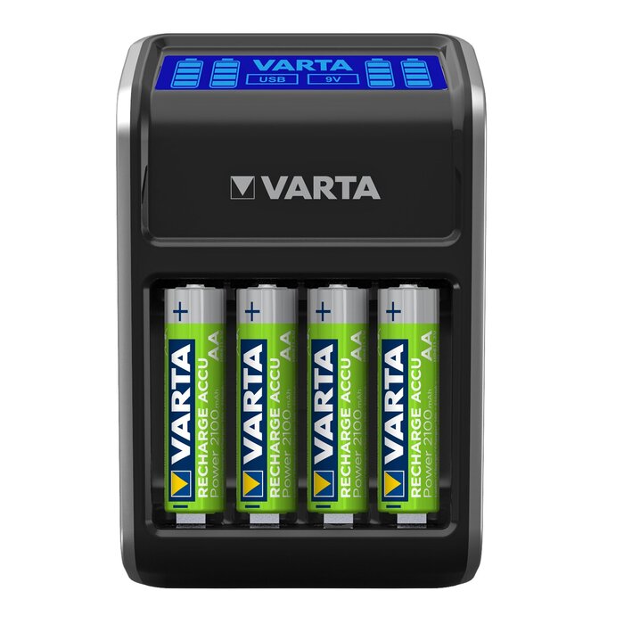 Зарядний пристрій VARTA LCD Plug для AA/AAA/9V та USB з 4x AA 2100 mAh (чорний)