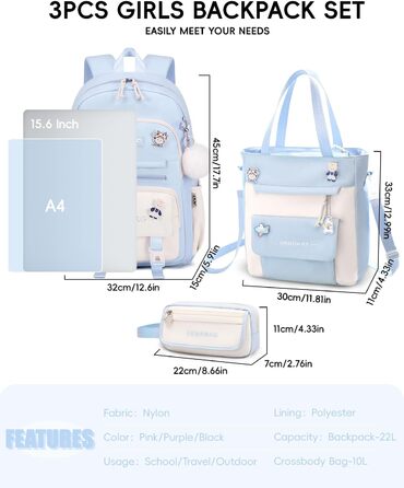 Рюкзак Tanou для дівчаток, шкільний набір: рюкзак, сумка через плече та пенал. Шкільний рюкзак для підлітків, casual, блакитний.