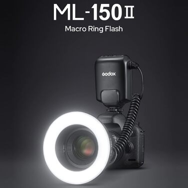 Godox ML-150II Макро-кільцевий спалах: 11 рівнів яскравості, кольорова температура 5800K, GN12, швидка перезарядка, 8 адаптерних кільця для Canon, Nikon, Sony DSLR камер
