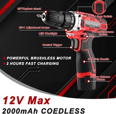 Набір інструментів TLGREEN 138-tlg з акумуляторним шуруповертом 12V, червоний. Для ремонту, обслуговування, DIY