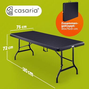 Стол садовий розкладний Casaria® з поліротангу, 180x75 см, чорний. Чудовий для саду, балкону, кемпінгу. Стійкий до погодних умов, з ручкою для перенесення.