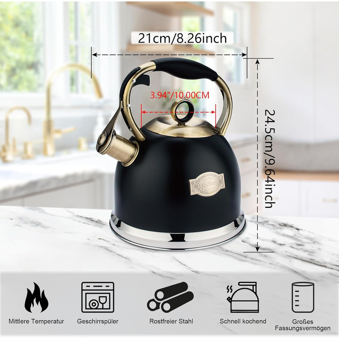 Чайник-свисток 3L з нержавіючої сталі, з термостійкою ручкою, для індукційних плит, чорний