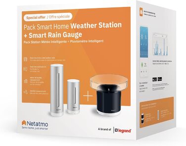 Netatmo Pack with indoor and outdoor weather station, wireless outdoor sensor, and intelligent rain gauge, humidity, air quality, indoor noise level, air pressure, NBU-NWS-NRG-EU Weather Station + Rain Gauge