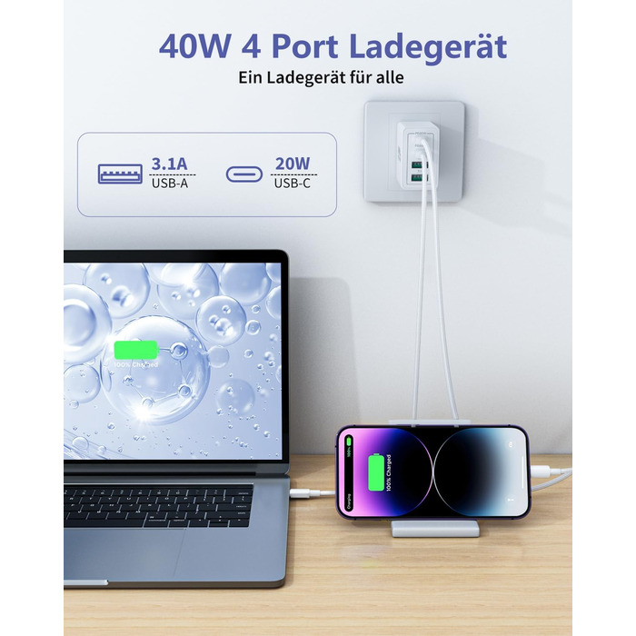 Мережевий адаптер USB-C на 4 порти з кабелем USB-C на USB-C 2м, 40W, PD 3.0, для iPhone, Samsung, смартфонів
