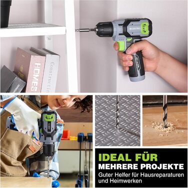 WORKPRO 8V Акумуляторний дриль-шуруповерт, комплект з кейсом, 2000 mAh, 10 мм патрон, 12 Н·м, LED, 21 шт. аксесуарів, для ремонту та DIY, сірий & зелений