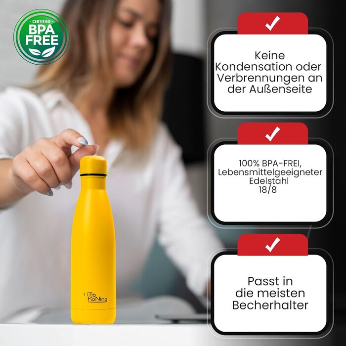 Термос-термопляшка з нержавіючої сталі Otto Koning, 500 мл. Подвійні стінки, вакуумна ізоляція, BPA-free. Жовтий колір.