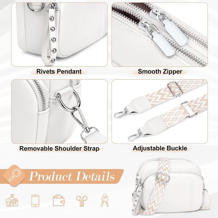 Сумка жіноча через плече кросбоді біла зі шкіри, маленька, з широким ременем та відділенням для карт, знімний ремінець
