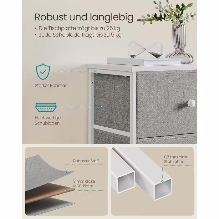SONGMICS Chest of Drawers, Storage Cabinet with 4 Fabric Drawers, Metal Frame, Tall and Narrow, White-Oak Finish LTS314W57 (Pigeon Gray + Cream White, 29.8W x 45D x 112.3H cm (5 Drawers))