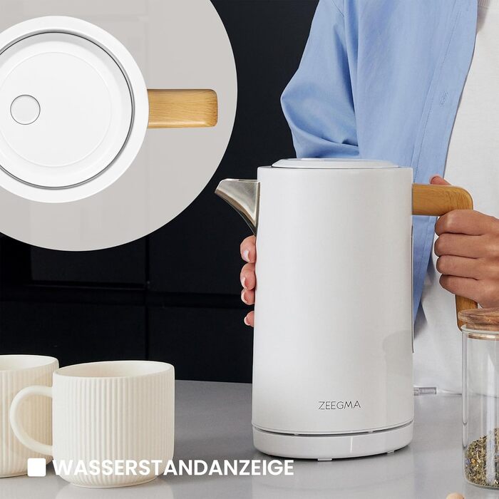 Електричний чайник ZEEGMA KETLEE 1.7L бездротовий, нержавіюча сталь, 2200W, для чаю та кави, автоматичне відключення, LED-дисплей, сучасний дизайн (білий)