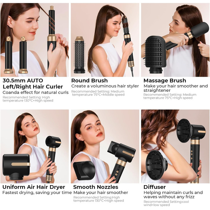UKLISS Airstyler Multistyler 7 в 1: фен-щітка, локон, випрямляч, турбіна, 1400W, турбіна, 3 режими температури, 30 мм, турбіс