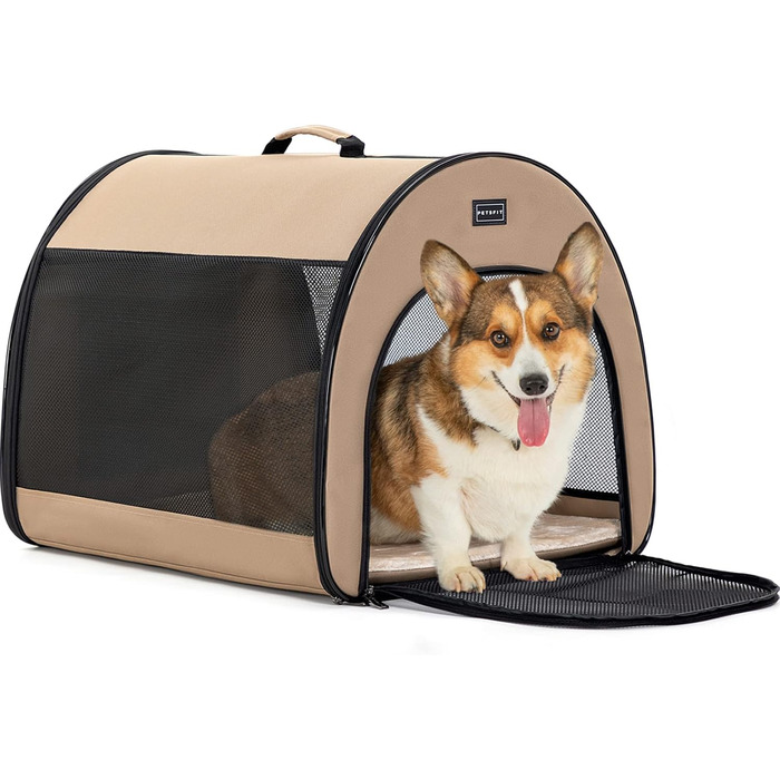 Складана переноска для собак Petfit для маленьких собак і котів, портативна та з гарною вентиляцією, для дому, з вигнутим дахом, переноска-ліжко для собак з анти-відкриваючим блискавкою та подушкою (Хакі, M)