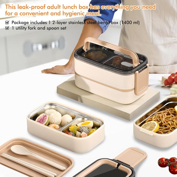 Бенто-бокс ланчбокс 2 ящики з відділеннями: Преміум ланчбокс для дорослих з нержавіючої сталі, без BPA, з посудом, ідеальний для подорожей, підходить для мікрохвильової печі, бенто-бокс для дорослих, Meal Prep