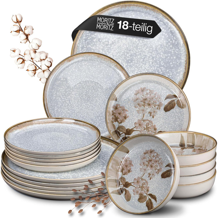 Moritz & Moritz Blossom 18-Piece Dinnerware Set - Elegant Porcelain Dinner Set for 6 - Includes Dinner Plates, Dessert Plates, and Soup Plates