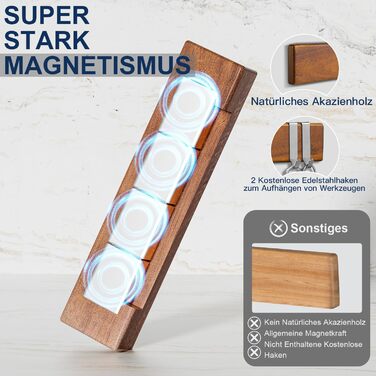 ENOKING Magnetic Knife Strip 26 cm, Magnetic Knife Block without Knives, Magnetic Knife Holder made of Acacia Wood with 2 Hooks