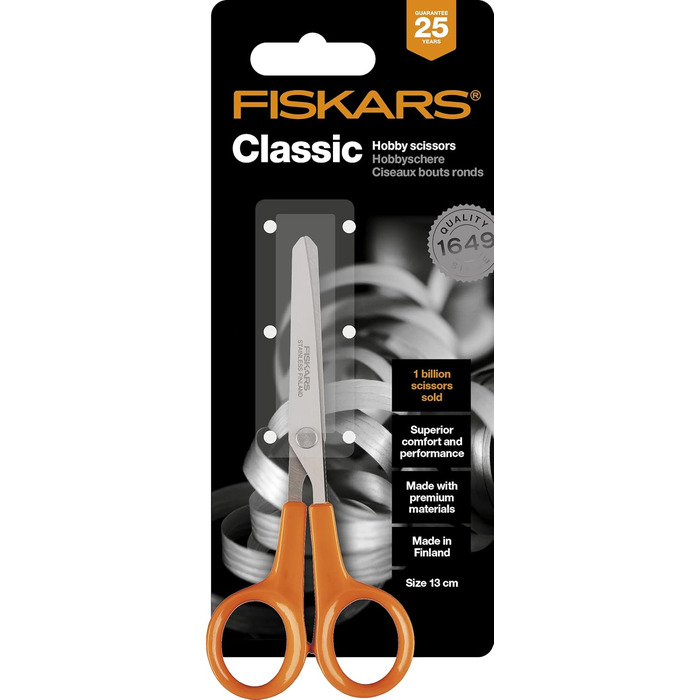 Ножиці Fiskars Classic для хобі, 13 см, для правшів і лівшів, нержавіюча сталь, пластикові ручки, помаранчеві