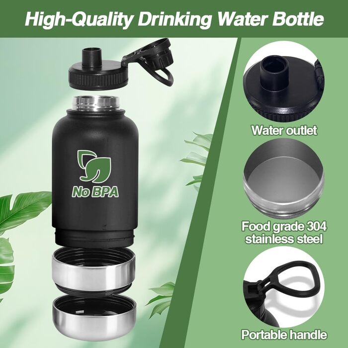 Водяна пляшка для собак на прогулянці, 950 мл, з мисками для води та їжі, ізольована сталева термопляшка, для подорожей, активного відпочинку