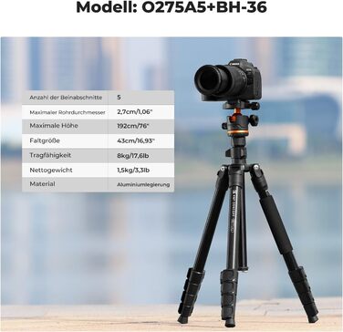 Штатив K&F Concept S255A3+BH-36, 190 см, для камери/DSLR/Camcorder, з тримачем для смартфона/планшета, чорний