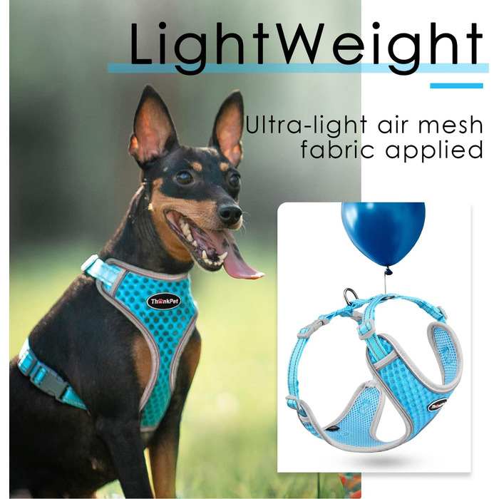 Шлейка для собак ThinkPet No-Pull, дихаюча, для малих, середніх та великих собак, регульована, м'яка, для прогулянок, безпечна, з контролем, з підкладкою, світловідбиваюча (Блакитна, L, 1 шт.)