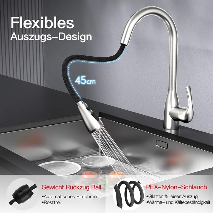 Кухонний змішувач Rainsworth з висувною лійкою та душем, високопродуктивний, з двома типами струменя, поворотний на 360°, з нержавіючої сталі, проста установка, висота 56 см