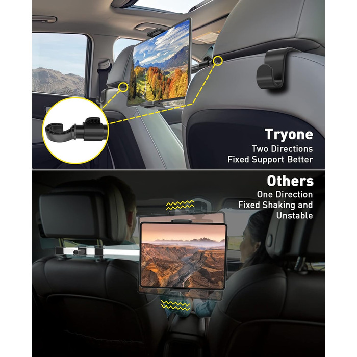 Автотримач для планшета TRYONE, універсальний, регульований, для підголівника, 4,7-12,9 дюймів, з 2 гачками, чорний, сумісний з iPad, Samsung Galaxy Tab, Switch, смартфонами
