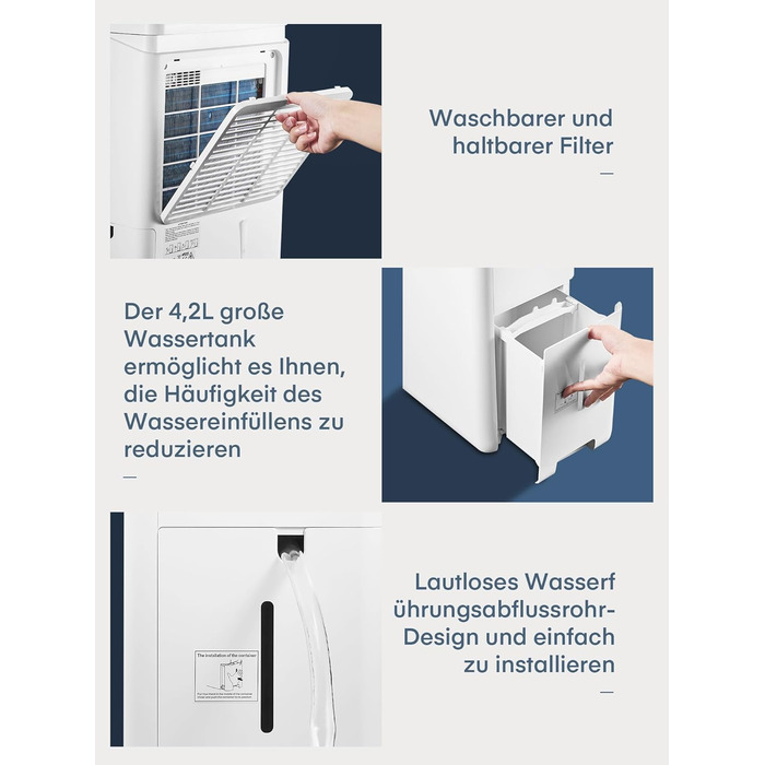 Розумний осушувач повітря з Wi-Fi та додатком, 20 л/24 год, для приміщень до 135 м³ (50 м²), об'єм бака 4.2 л, захист від переливу, таймер 24 год з режимом прання, осушувач для підвалу, спальні, ванної кімнати