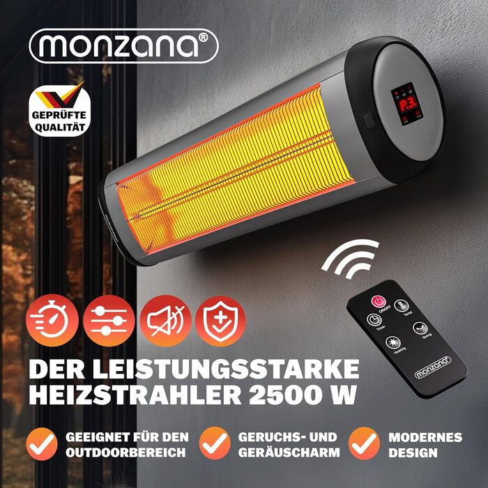 Інфрачервовий обігрівач MONZANA® MZH2501 з таймером, 2500W, 3 режими, 24 год, пульт ДУ, кут нахилу 90°, електричний, для тераси (сріблястий)