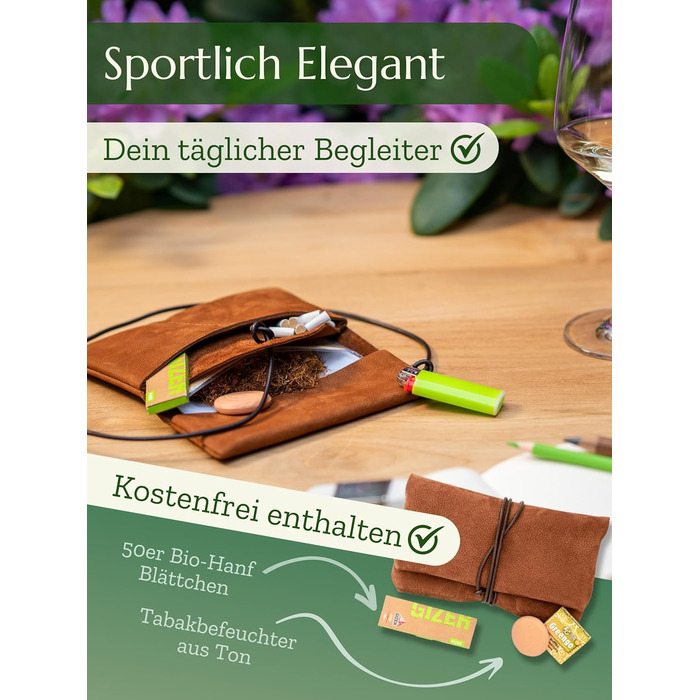 Premium Tobacco Pouch made of Wild Leather - Separate Paper & Filter Compartment - Handcrafted Tobacco Bag - High-Quality Rolling Pouch for Tobacco (Cognac Brown)